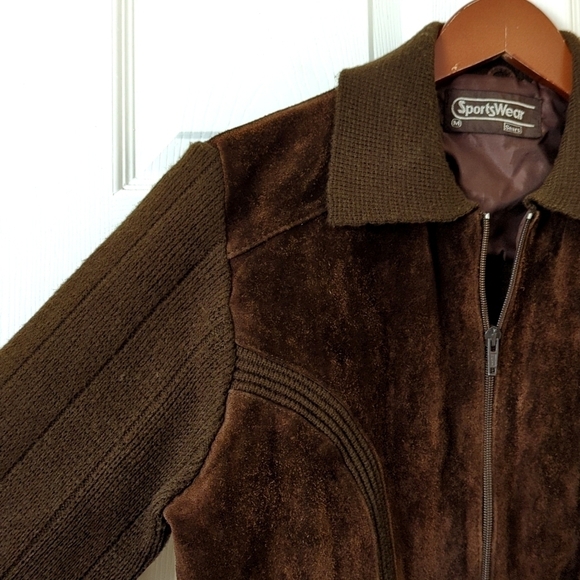 Sears Sportswear 80's Vintage Suede Leather & Knit Cardigan Jacket Dark Brown M - Picture 6 of 14
